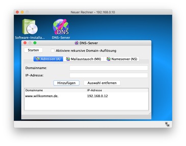 DNS-Server in Filius mit Eintrag www.willkommen.de und IP-Adresse 192.168.0.12.